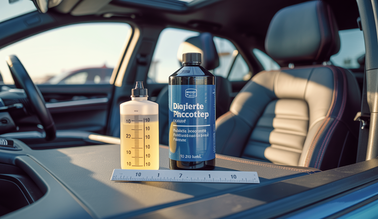 Illustration détaillée montrant le calcul précis de la dilution 1:10 d’un produit concentré pour la rénovation intérieure cuir et plastiques d’une voiture