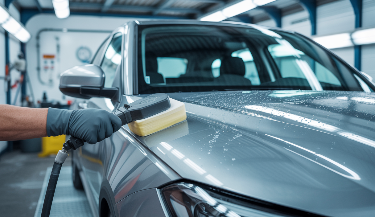 Processus rigoureux de décontamination de la carrosserie d'un véhicule utilitaire avant polissage, avec outils professionnels et laboratoire