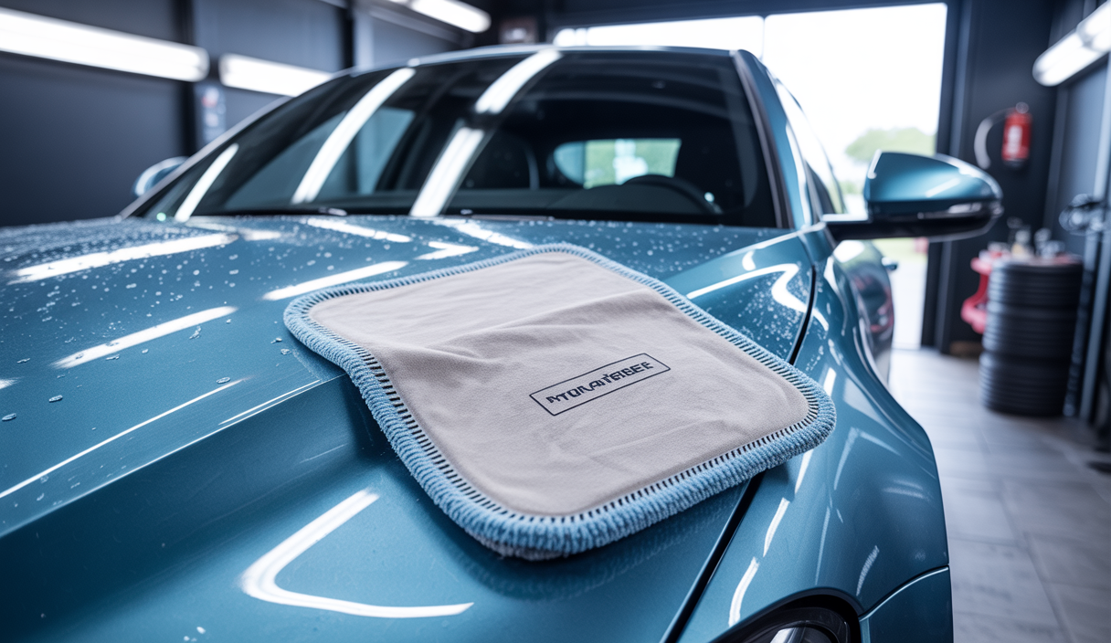 Gros plan d'une voiture propre avec traitement céramique, montrant des microfibres adaptées utilisées pour l'entretien sans rayures