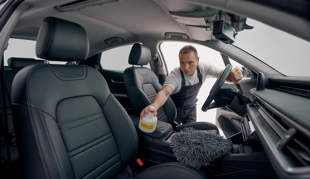 Intérieur de voiture avec sièges en cuir, surfaces plastiques et textiles bien entretenues, démonstration de nettoyage et protection selon bonnes pratiques professionnelles