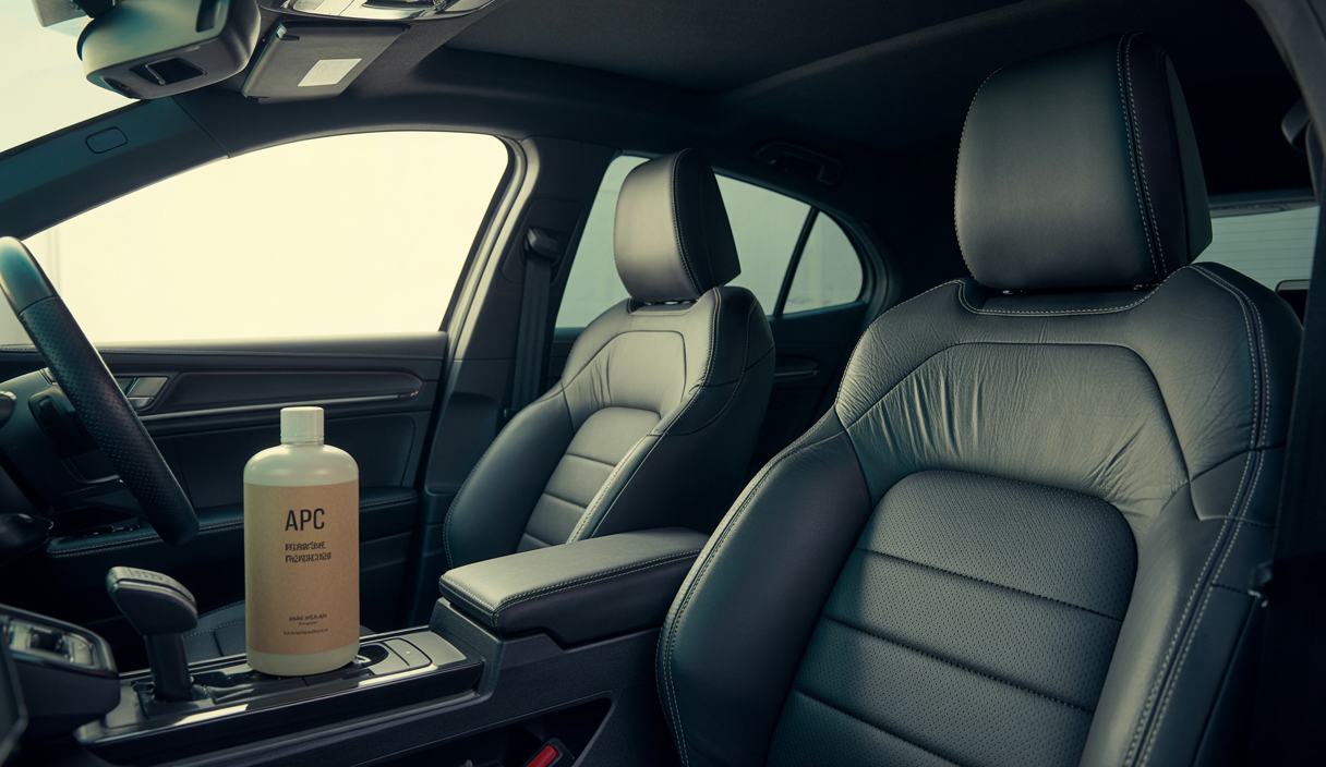 Intérieur d'une voiture avec sièges en cuir, surfaces en plastique et textile nettoyés et protégés, illustrant l'usage de nettoyants polyvalents et spécialisés