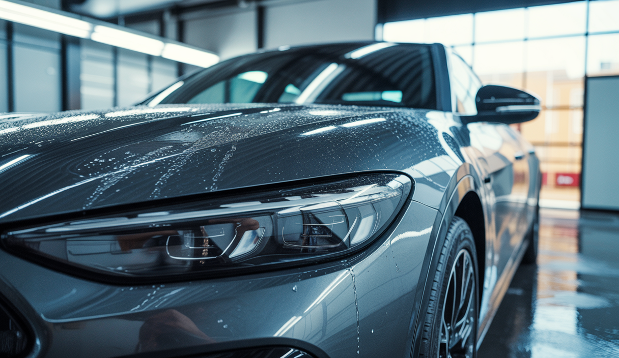 Voiture avec traitement céramique montrant un brillant éclatant et un effet hydrophobe sur la carrosserie avec exemple d'usure prématurée due à un entretien négligé