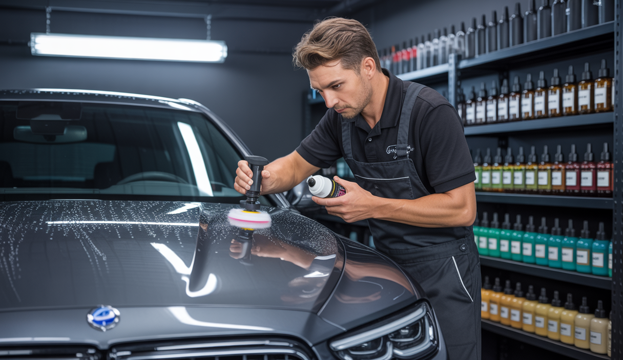 Vue détaillée d’un professionnel du detailing automobile ajustant précisément la dilution d’un produit de pré-lavage sur une carrosserie sombre, avec des reflets brillants sous un éclairage diffus en atelier