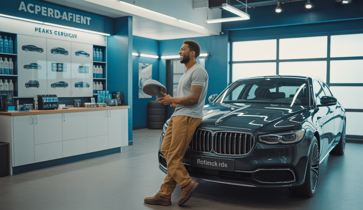 Vitrine d'un centre de detailing automobile moderne avec affichage de forfaits d'abonnement et pack céramique, véhicule luxueux en arrière-plan, ambiance professionnelle et accueillante