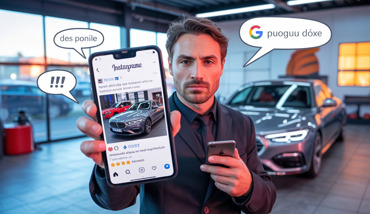 Illustration d'une stratégie de fidélisation client en detailing automobile avec smartphone affichant Instagram, icônes d'avis Google et bouche-à-oreille digital dynamique