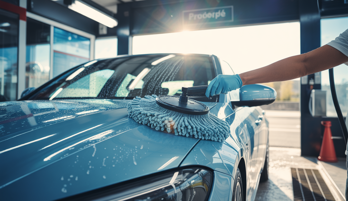 Voiture propre dans une station de lavage moderne, sans micro-rayures visibles, démontrant un lavage délicat avec gant microfibre et eau filtrée