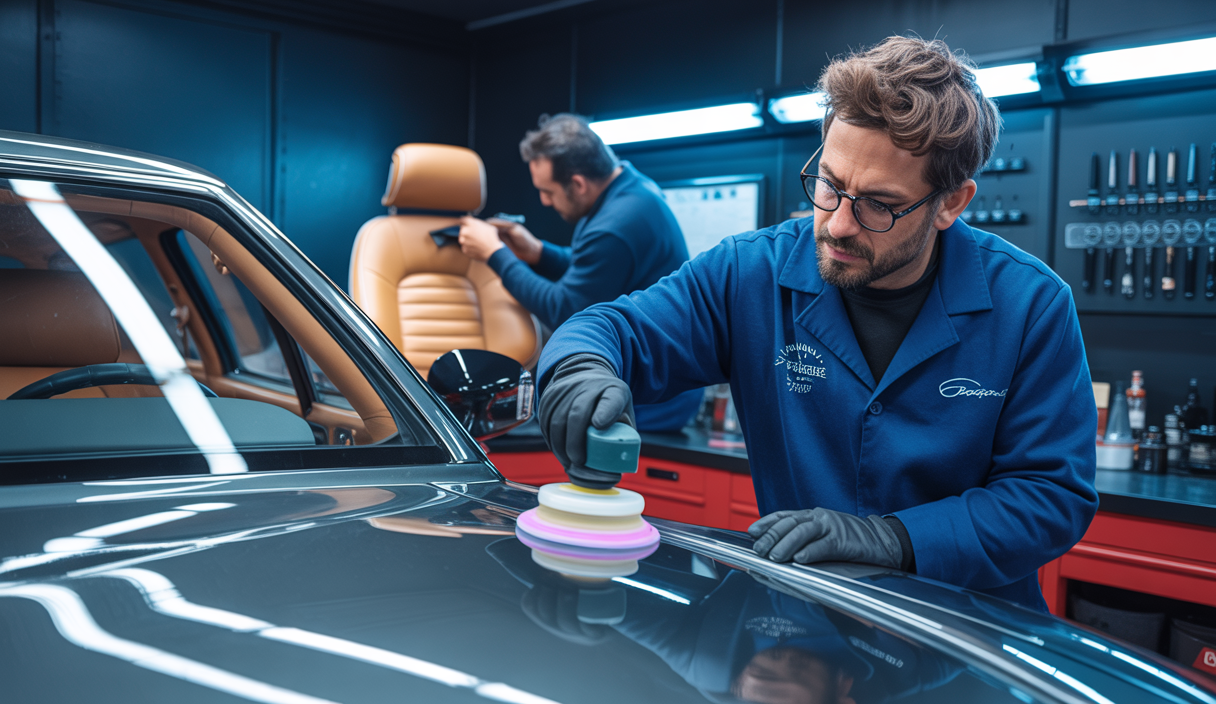 Atelier professionnel de detailing automobile montrant un expert appliquant un traitement céramique sur la carrosserie d'une voiture, avec en arrière-plan un artisan rénovant un siège en cuir par repigmentation dans un environnement moderne de formation