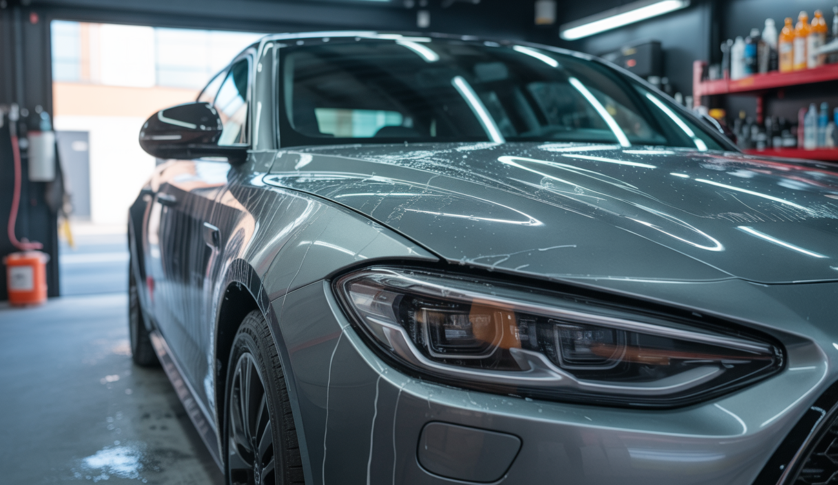Application d'un traitement céramique sur un covering vinyle de voiture montrant la protection et les risques associés