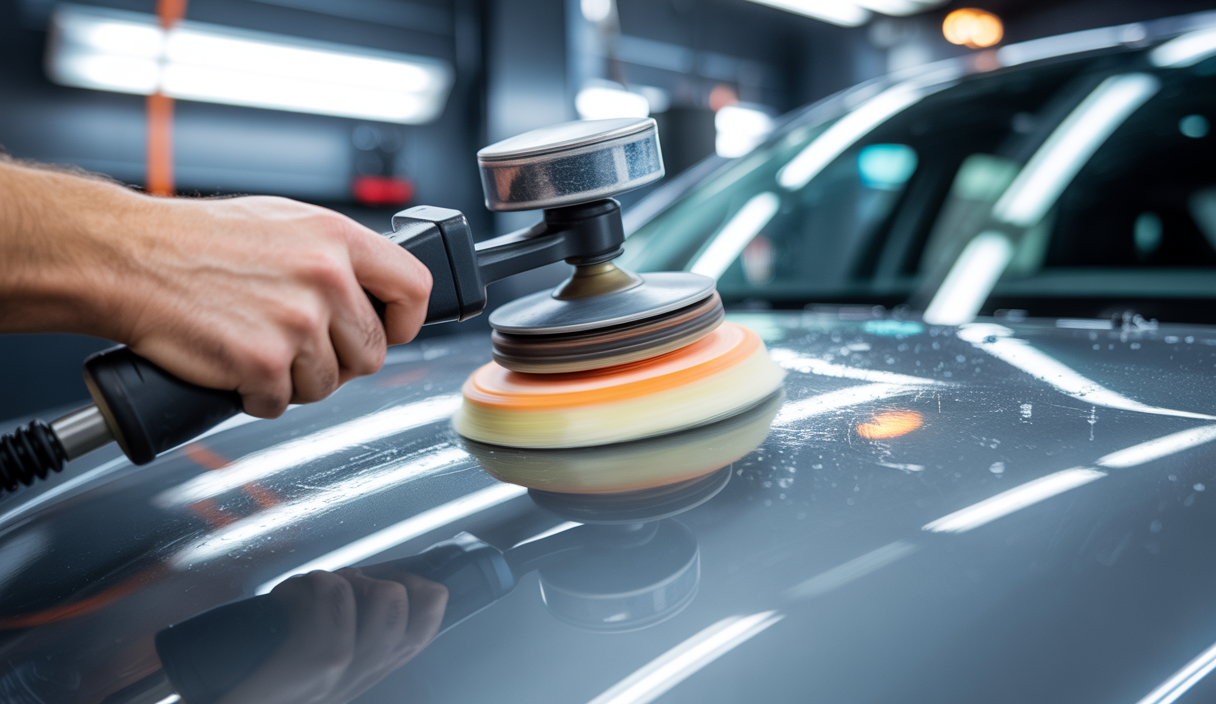 Une polisseuse rotative en action sur la carrosserie d’une voiture avec un tampon en mousse adapté, démontrant gestes précis et contrôle de la vitesse pour un polissage automobile impeccable