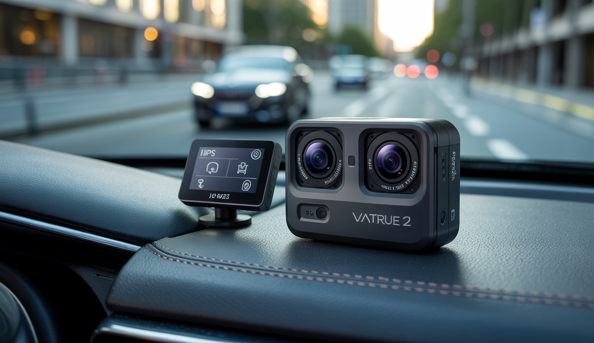 Vue rapprochée de la dash cam Vantrue S1 Pro Max 4K avec double capteur Sony STARVIS 2, affichant son design moderne et ses fonctions avancées d'intelligence artificielle pour la sécurité automobile