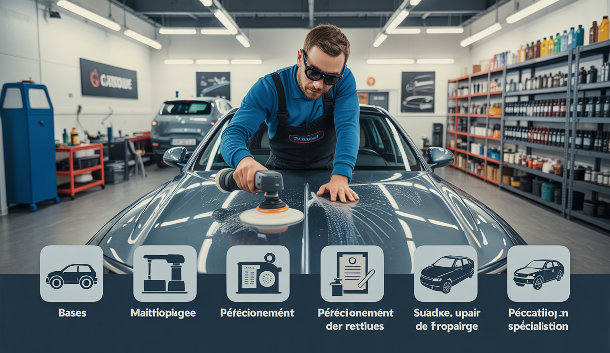 Guide structuré pour devenir detailer automobile professionnel, illustrant les étapes de formation, compétences techniques et spécialisations.