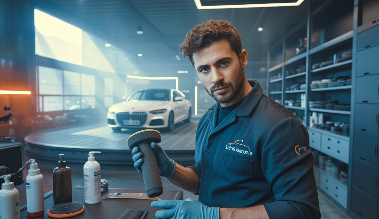 Professionnel du detailing automobile formé en techniques avancées de nettoyage, polissage, et gestion d'entreprise, dans un atelier moderne avec outils spécialisés