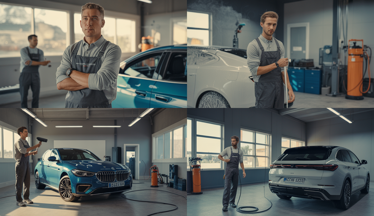 Illustration détaillée montrant les quatre étapes clés pour devenir detailer professionnel, avec images de formation pratique, maîtrise technique, perfectionnement avancé et spécialisation, dans un atelier automobile moderne